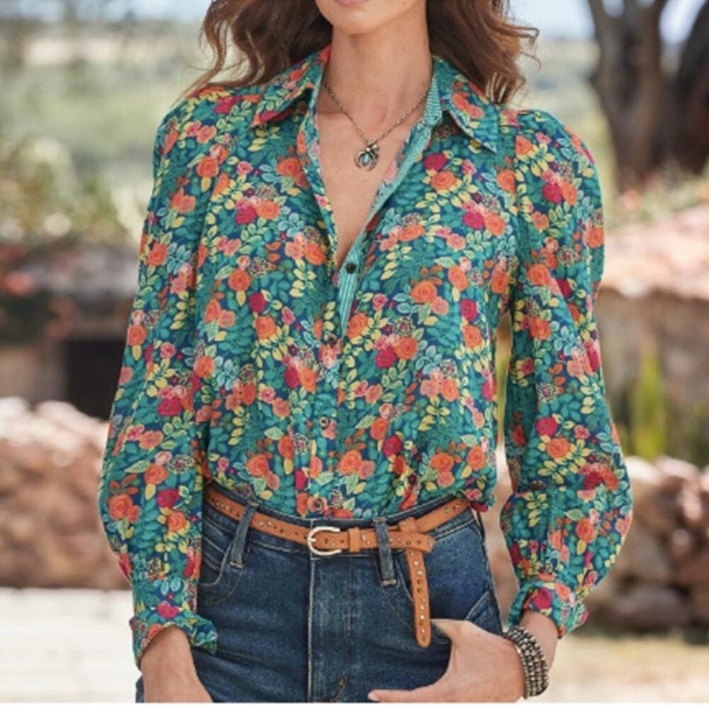 Sundance Rosie Vines Floral Blue Long Sleeve Shirt Feminine Spring XS